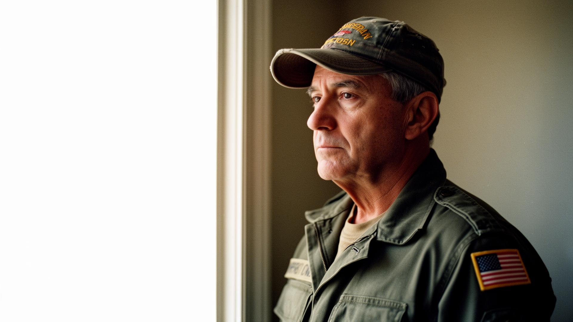 A U.S. military veteran in a field jacket and veterans cap with American flag patch — Cross & York provides legal support for PACT Act and VA toxic exposure claims.